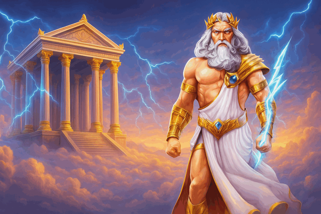 Zeus standing before the Gates of Olympus temple surrounded by clouds and lightning.